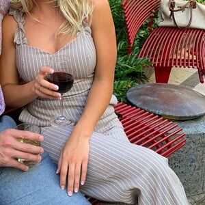 Privacy Please Striped Jumpsuit in Taupe and White